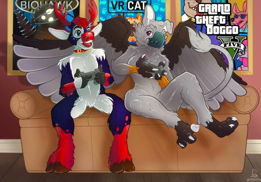 A gryphon and a deer playing video games on a couch